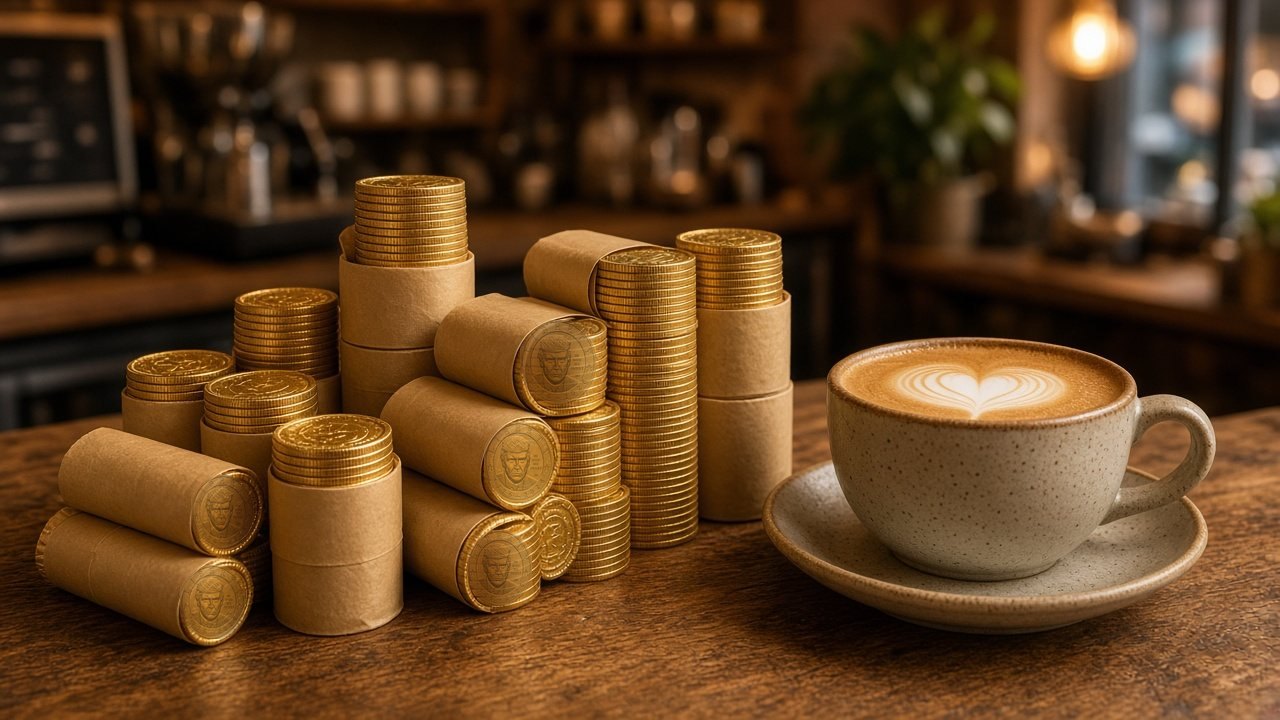 Rolls of gold coins next to a latte